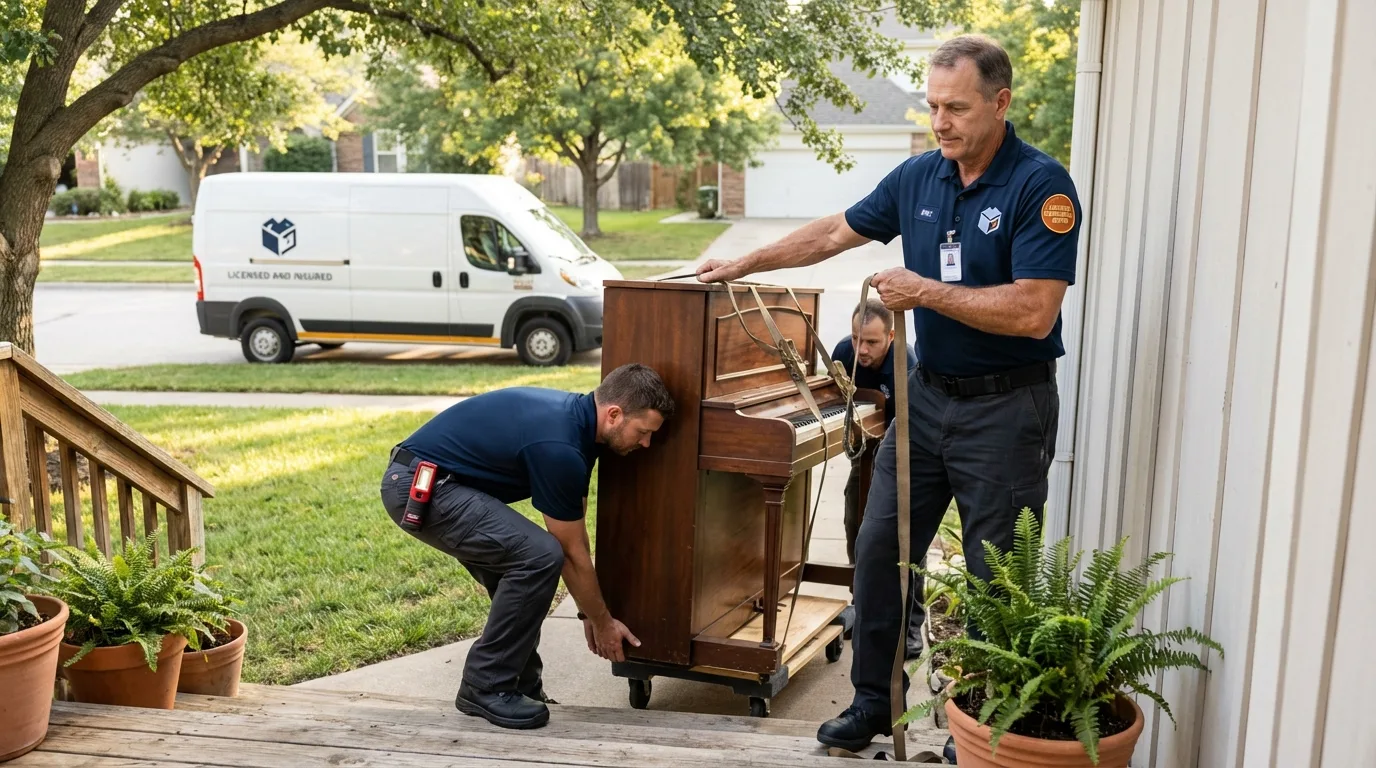 Licensed piano movers securing grand piano in Coshocton, OH