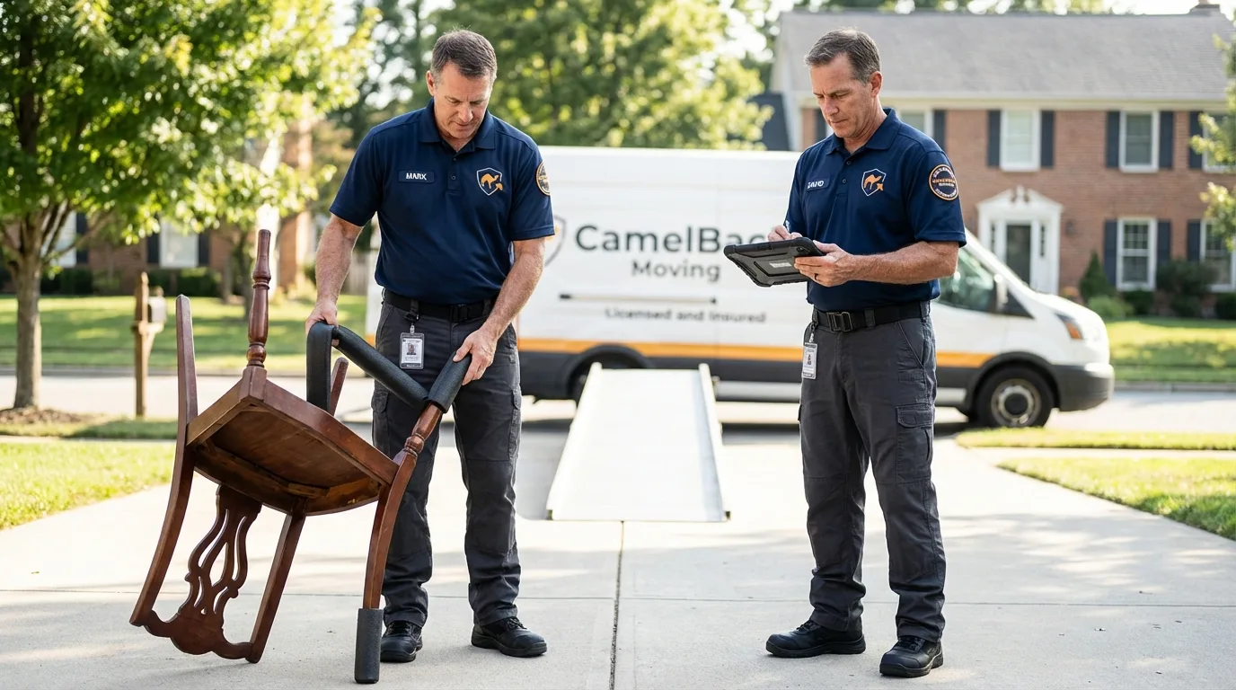 Movers inspecting furniture for damage prevention before loading in Coshocton, OH
