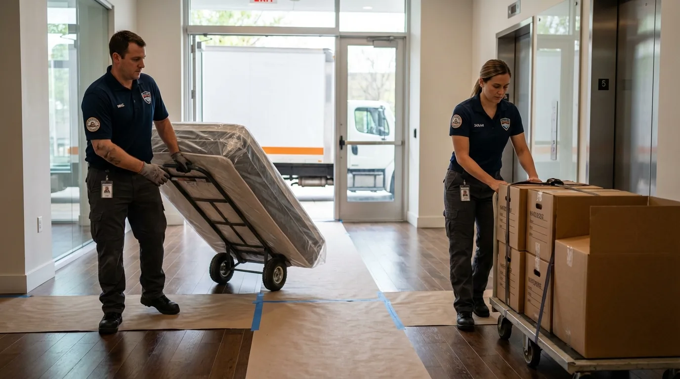 Professional apartment movers loading elevator in Coshocton, OH