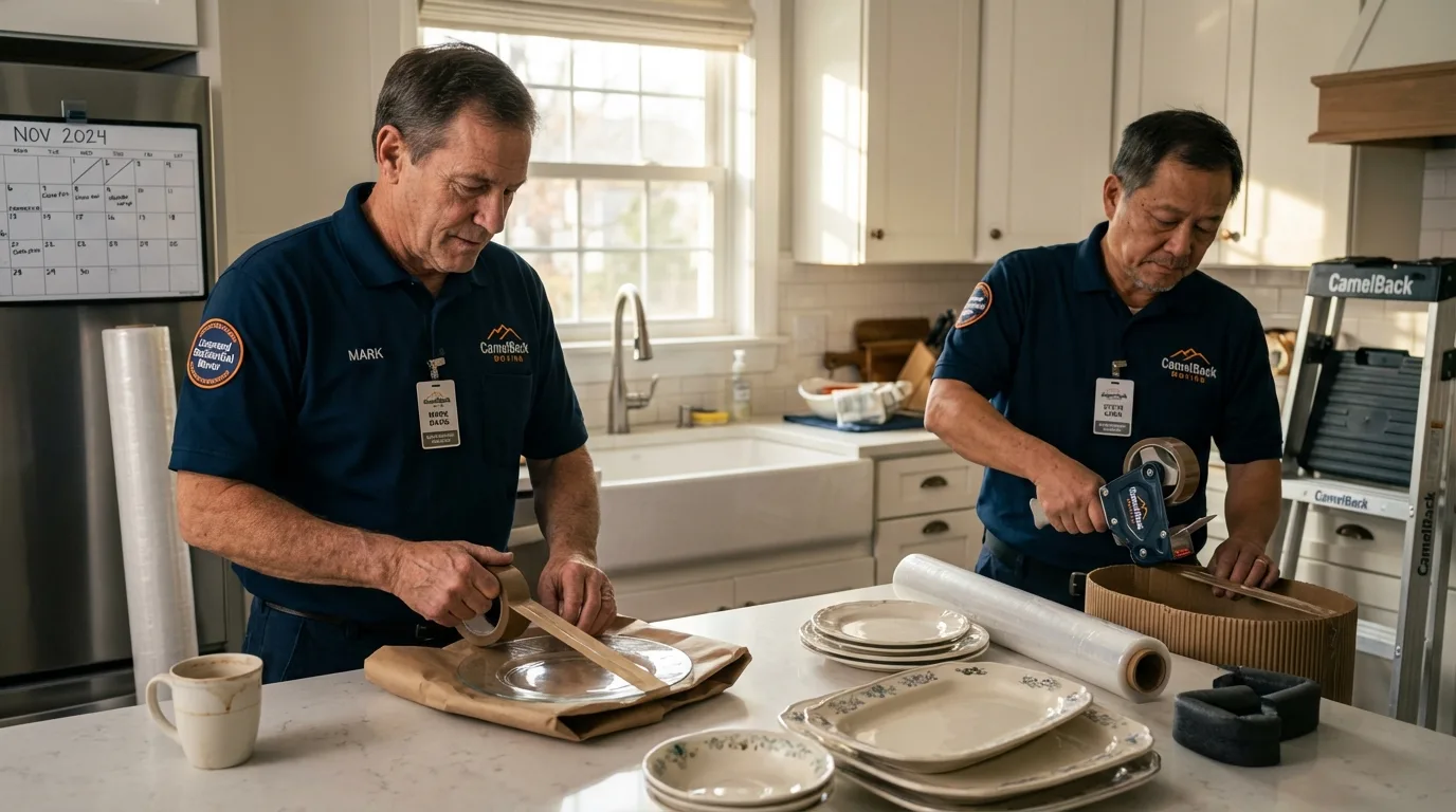 Professional crew packing kitchen dishware in Coshocton, OH